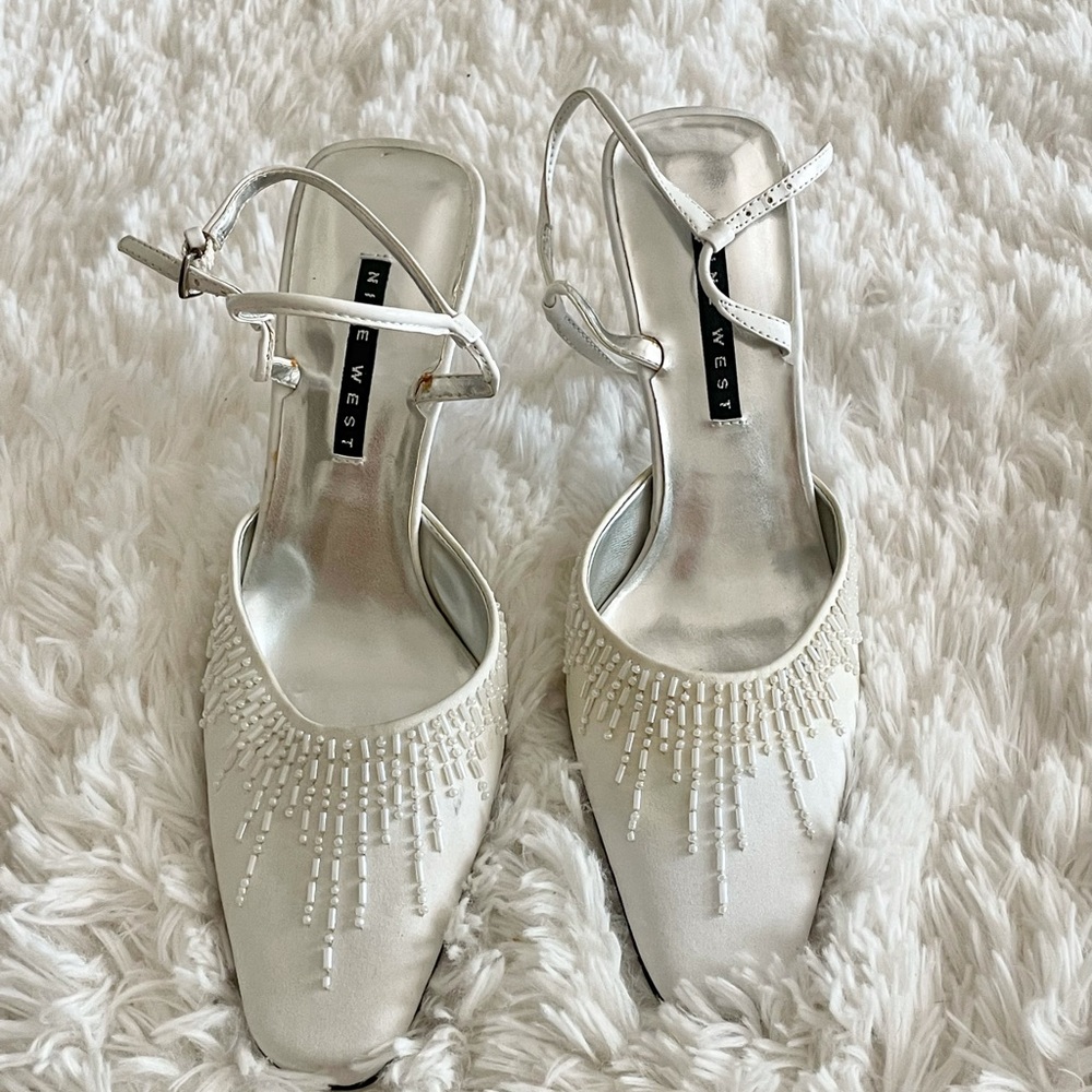 Nine West Satin White Beaded Evening Heels